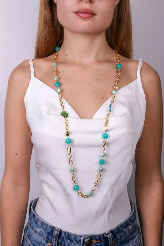 Collana in Metallo lunga con catena , perle e cristalli verdi AMOVENEZIA - gioiello BySimon