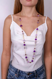 Collana in Metallo lunga con perle viola e perle alllungate