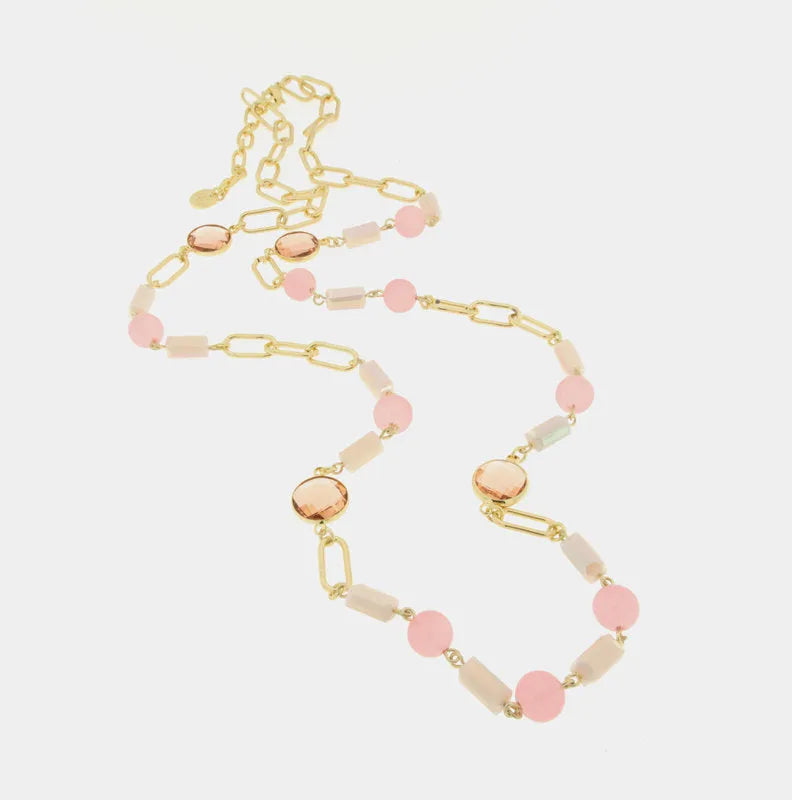 Collana in Metallo con catene , cristalli e perle rosa