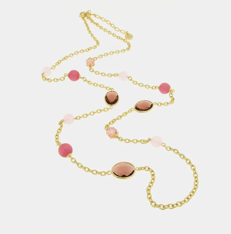 Collana in Metallo lunga con cristalli e perle rosa - BYSIMON gioielli