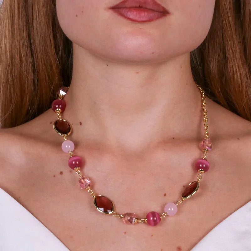 Collana in Metallo con cristalli e perle rosa