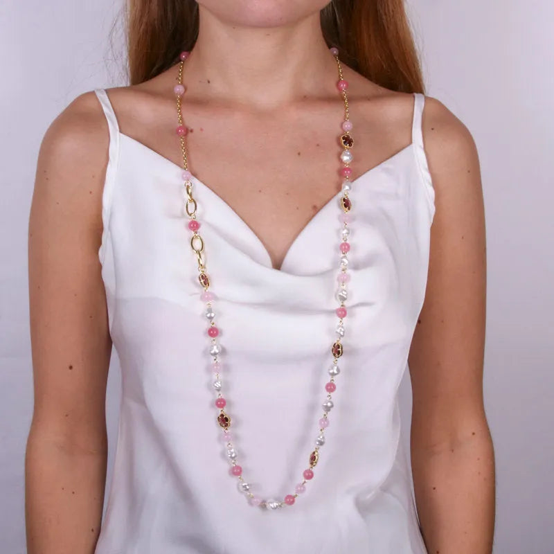 Collana in Metallo con cristalli a forma di fiore rosa e perle