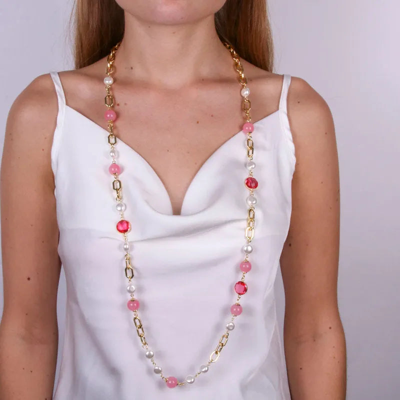 Collana in Metallo con catene e perle bianche e rosa