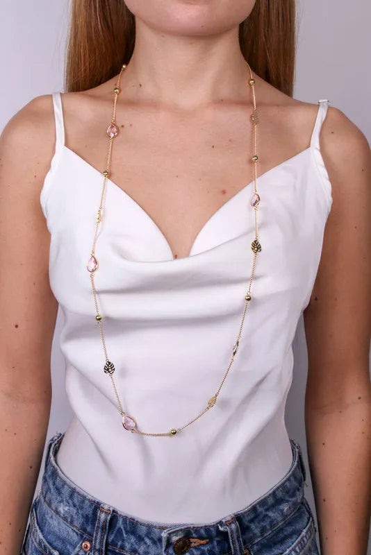 Collana in Metallo lunga con cristalli e perle lucide - BYSIMON gioielli