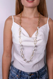 Collana in Metallo con cantene e perle bianche