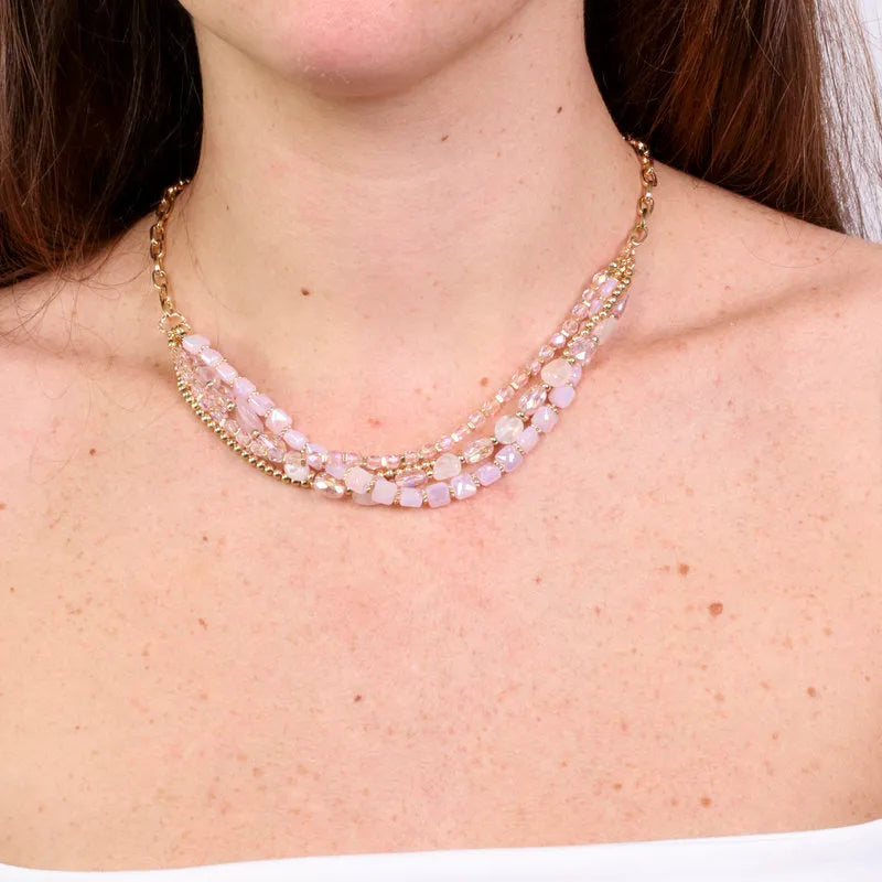 Collana in Metallo multifilo con pietre rosa - BYSIMON gioielli