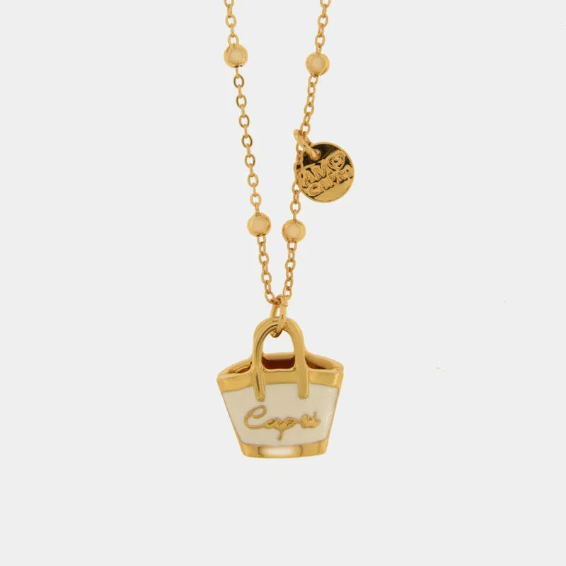 Collana in Metallo con borsa bianca scritta capri pendente