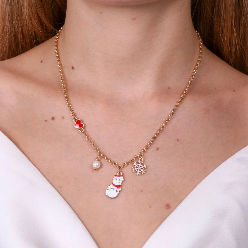 Metal Necklace with Pendant Snowman, Snowflake and Pearl