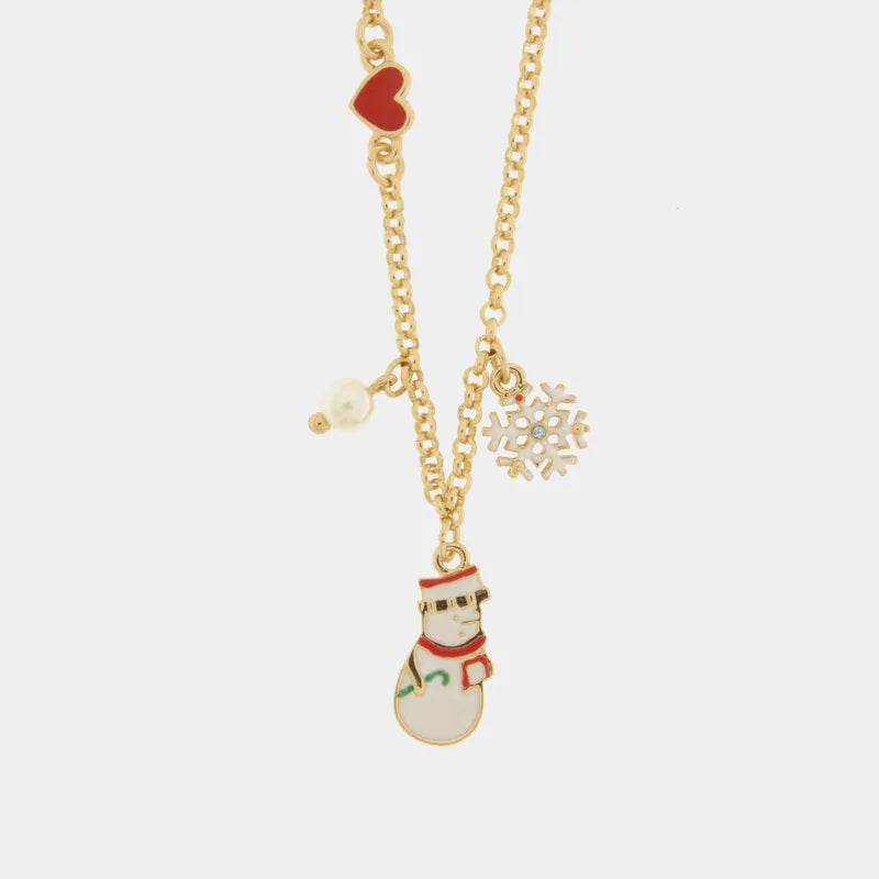 Metal Necklace with Pendant Snowman, Snowflake and Pearl