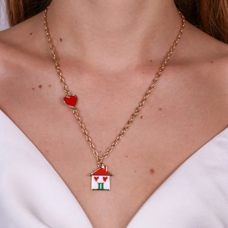 Collana in Metallo con casa e cuore rosso - BYSIMON gioielli