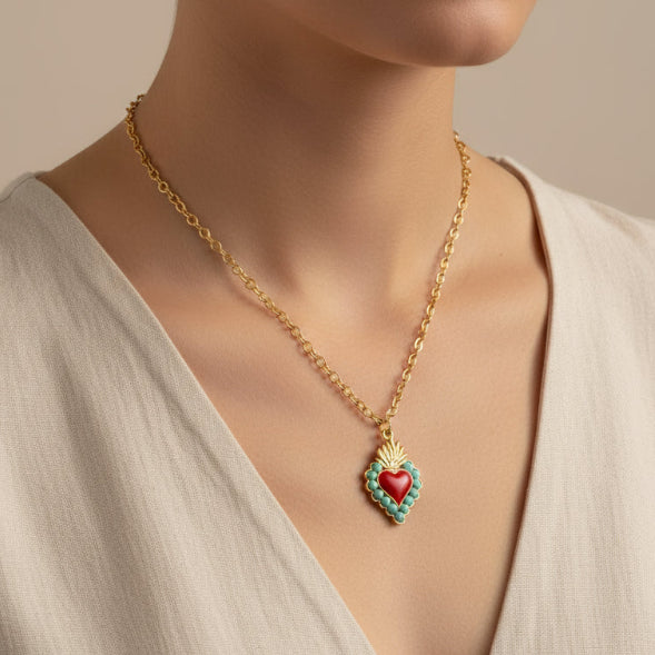 Collana in Metallo con cuore rosso e contorno verde - BYSIMON gioielli