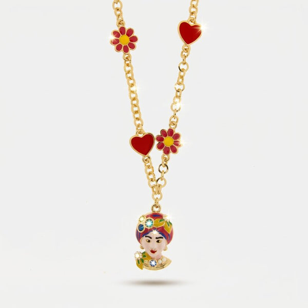 Collana in Metallo con Testa di Moro rosa  cuori e fiori - BYSIMON gioielli