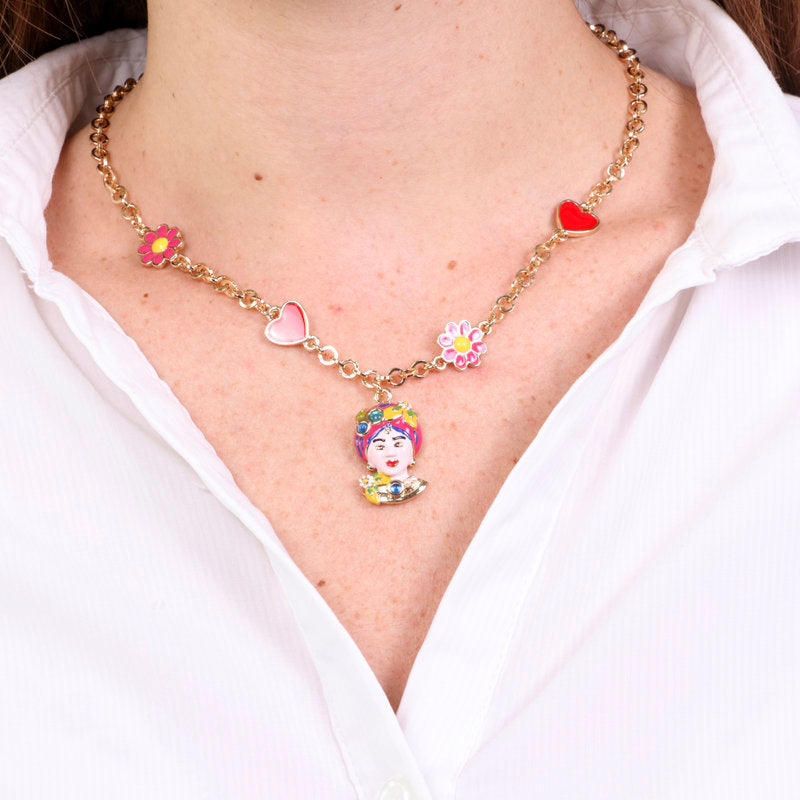 Collana in Metallo con Testa di Moro rosa  cuori e fiori - BYSIMON gioielli
