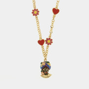 Collana in Metallo con Testa di Moro blu cuori e fiori