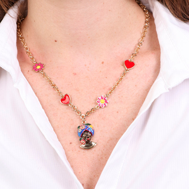 Collana in Metallo con Testa di Moro blu cuori e fiori SICILY - gioiello BySimon