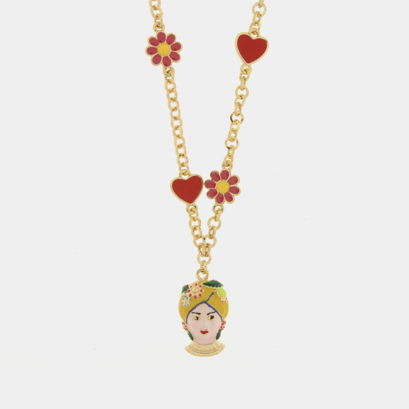 Collana in Metallo con Testa di Moro gialla cuori e fiori