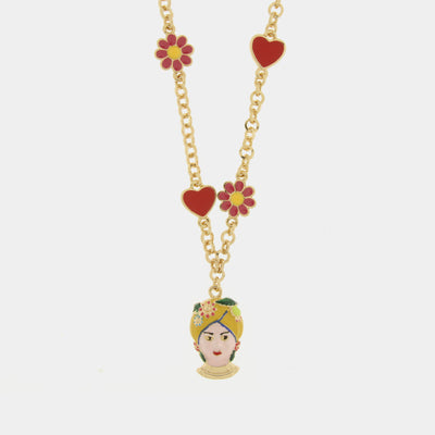 Collana in Metallo con Testa di Moro gialla cuori e fiori