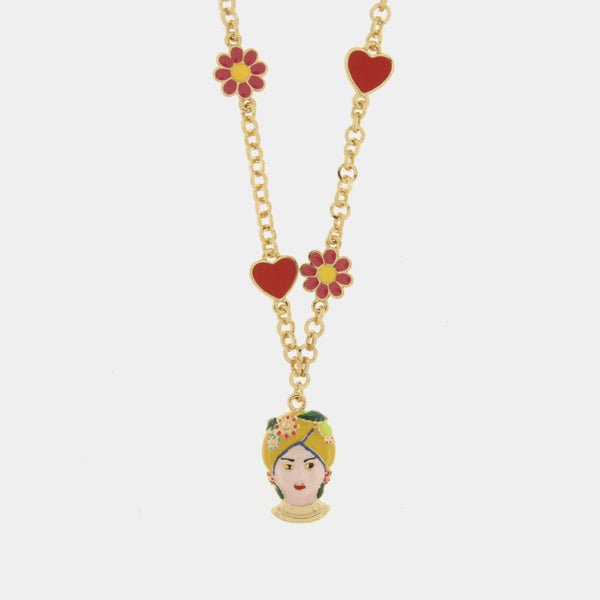 Collana in Metallo con Testa di Moro gialla cuori e fiori - BYSIMON gioielli