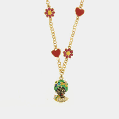 Metal Necklace with Green Moor's Head, Hearts, and Flowers
