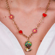 Collana in Metallo con Testa di Moro verde, cuori e fiori