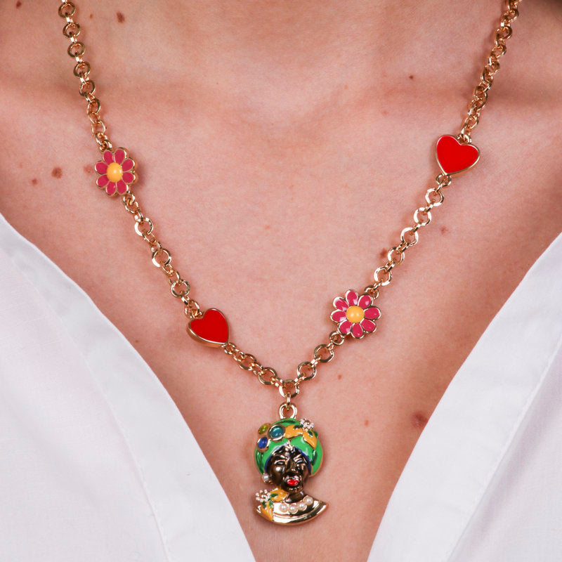 Collana in Metallo con Testa di Moro verde, cuori e fiori