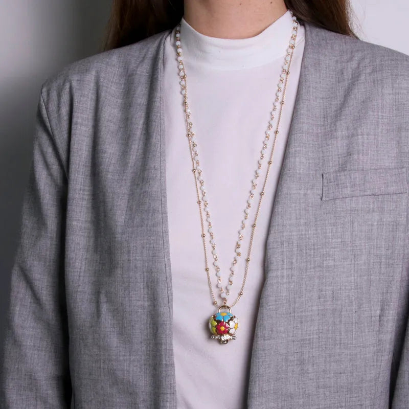 Collana in Metallo multifilo bianca con campana a fiori multicolor - BYSIMON gioielli