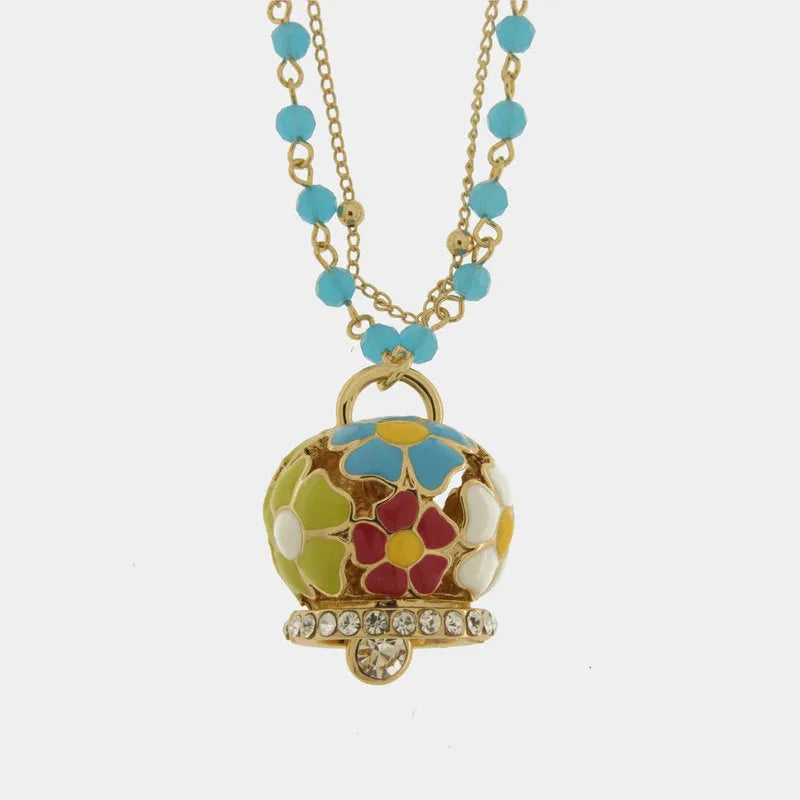 Multi-strand blue metal necklace with multicolor flower bell
