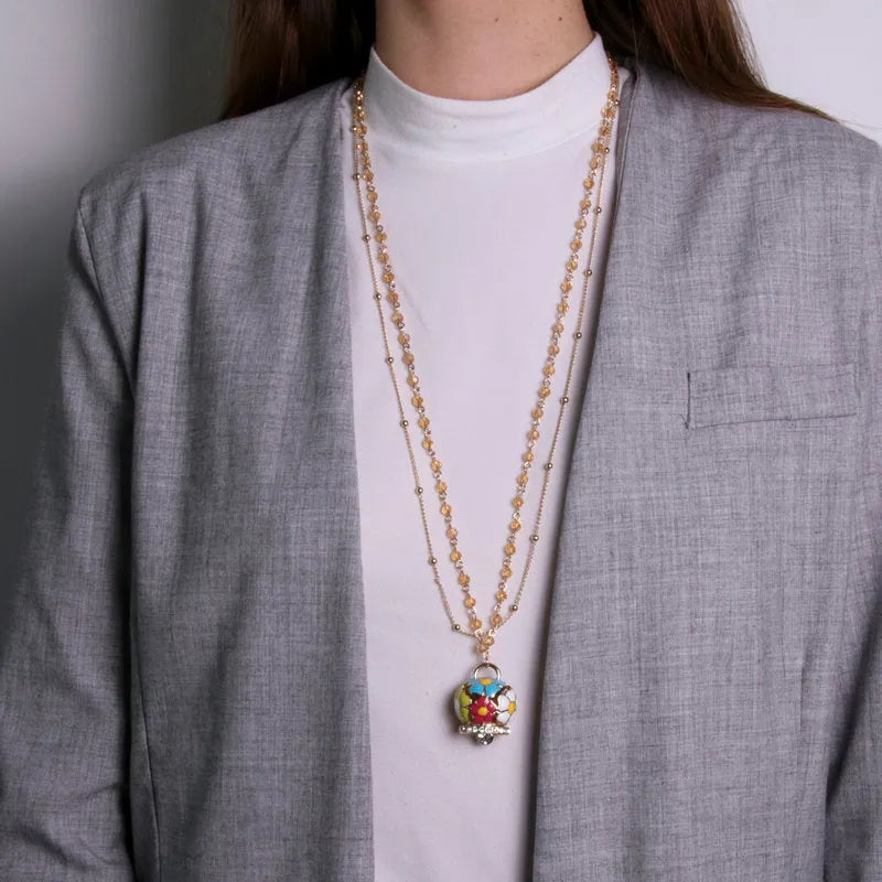 Collana in Metallo multifilo gialla con campana a fiori multicolor