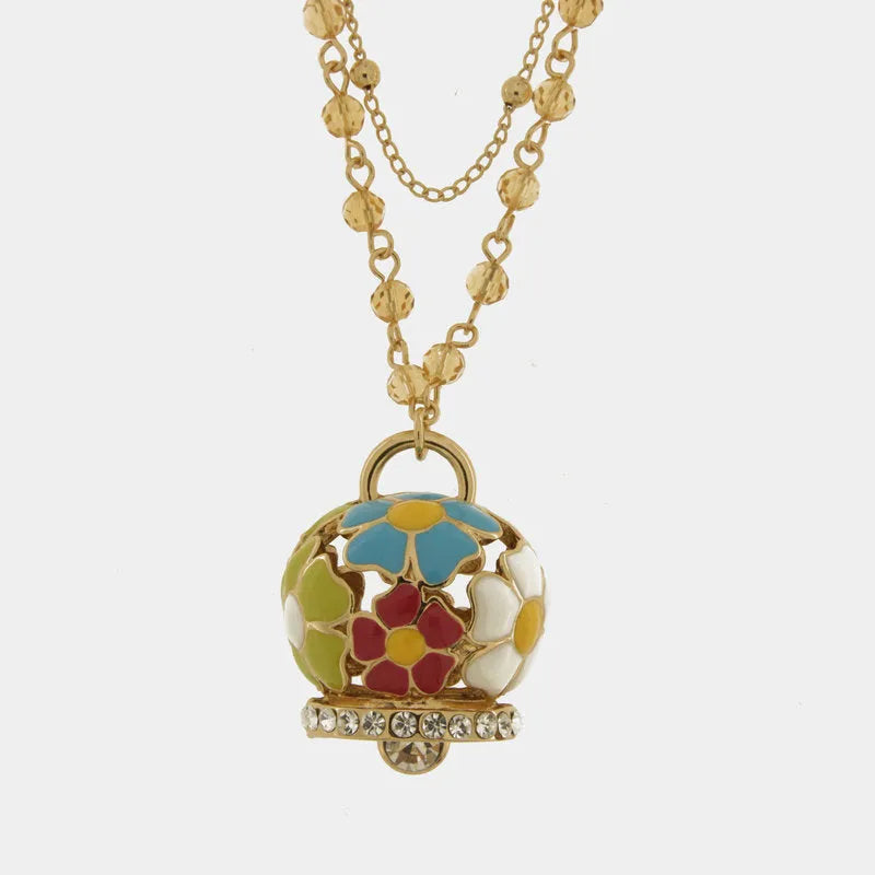 Collana in Metallo multifilo gialla con campana a fiori multicolor