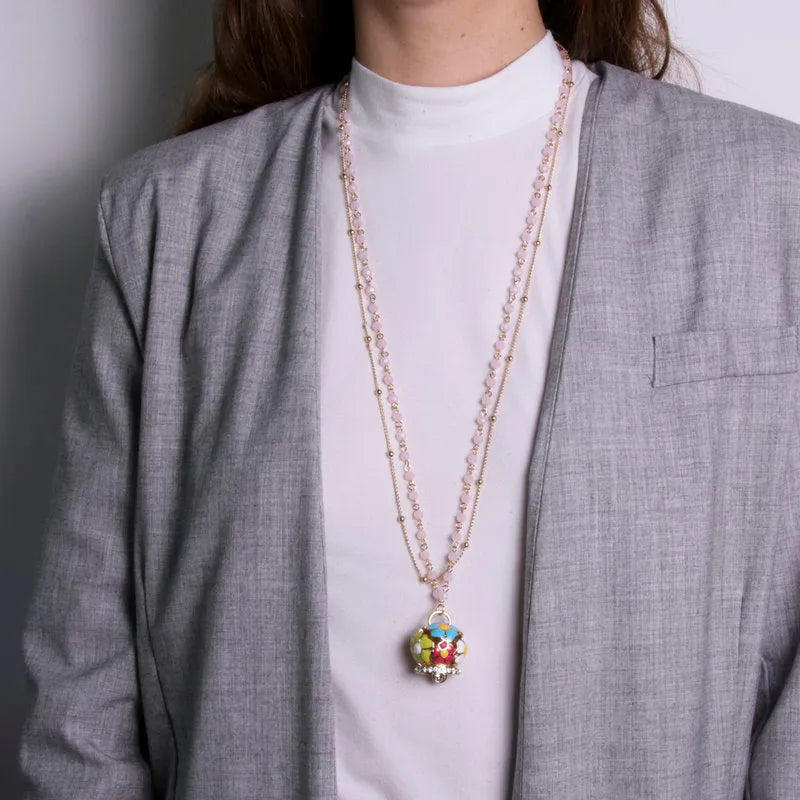 Collana in Metallo multifilo rosa con campana a fiori multicolor
