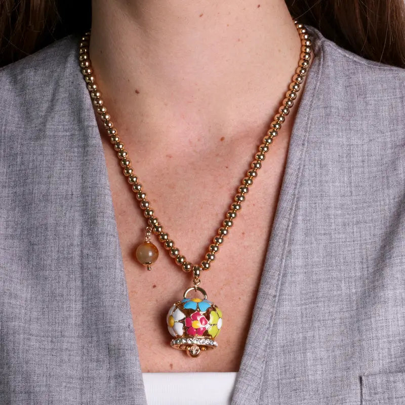 Collana in Metallo  con campana a fiori multicolor e perla - BYSIMON gioielli