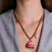 Collana in Metallo con campanella rosa e  fiori e pietra rosa