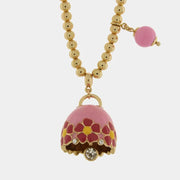 Collana in Metallo con campanella rosa e  fiori e pietra rosa