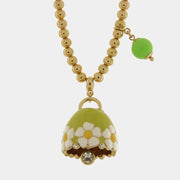 Collana in Metallo con campanella verde e  fiori e perla