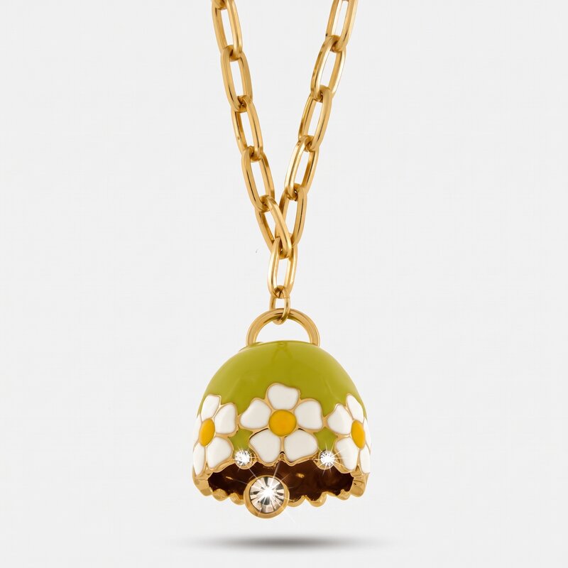Collana in Metallo con campanella verde e  fiori - BYSIMON gioielli
