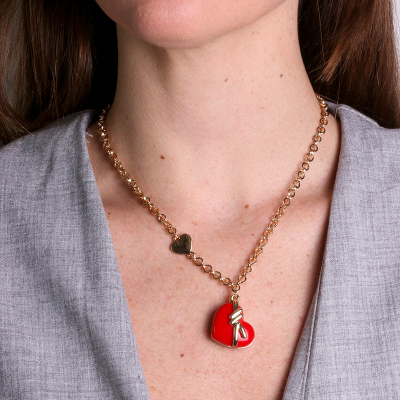 Metal Necklace with Red Heart and Knot