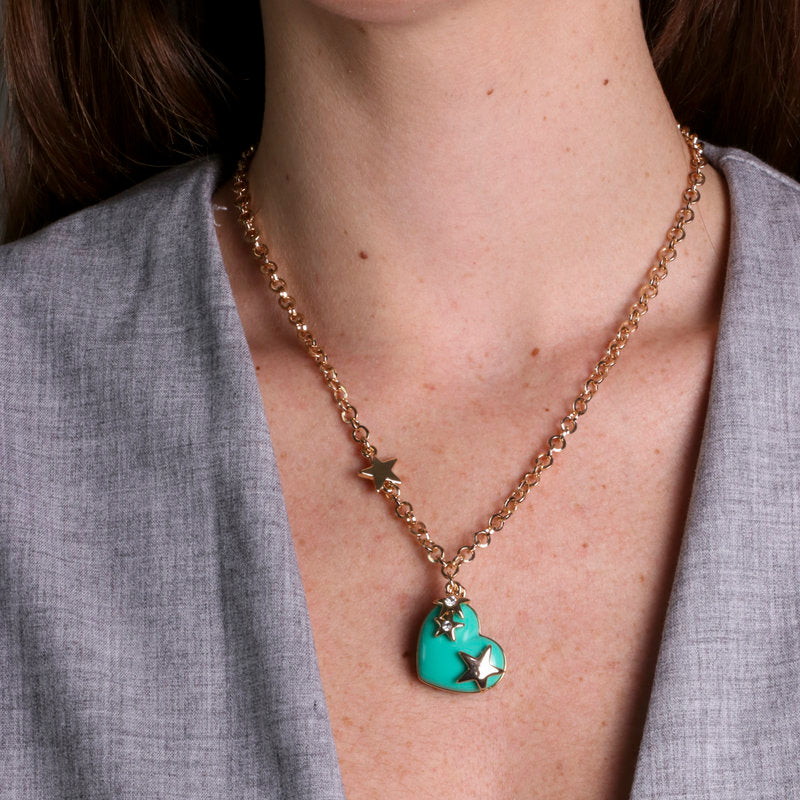 Green Heart and Stars Metal Necklace
