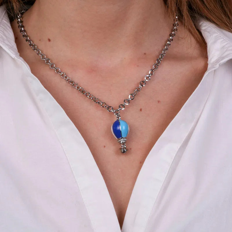 Blue and Light Blue Hot Air Balloon Metal Necklace