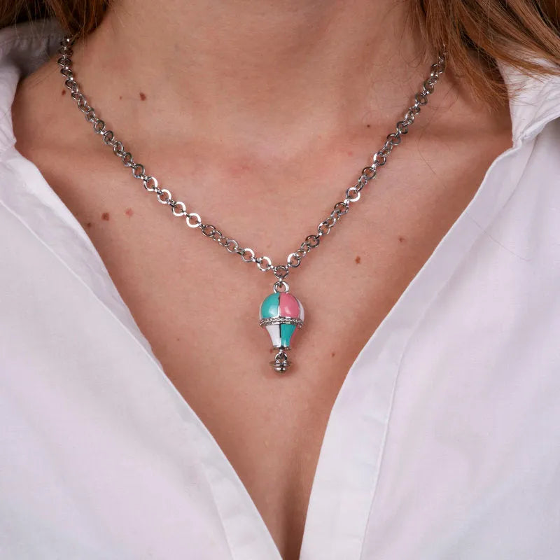 Green and pink hot air balloon metal necklace
