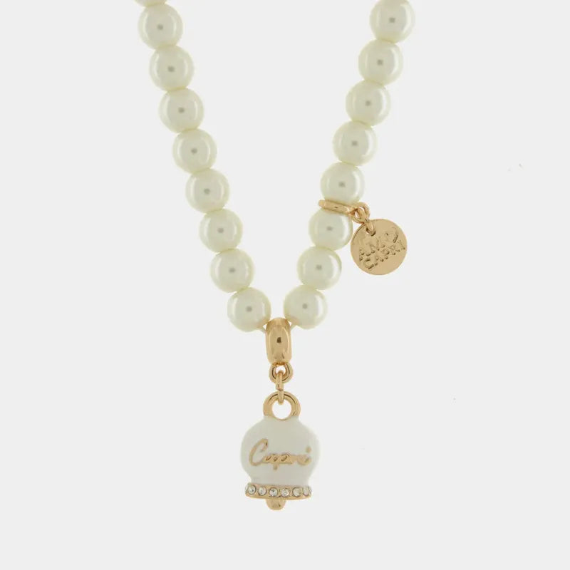Collana in Metallo con perle e campanella bianca con scritta Capri