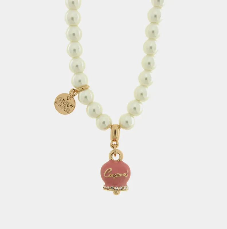 Collana in Metallo con perle e campanella rosa con scritta Capri