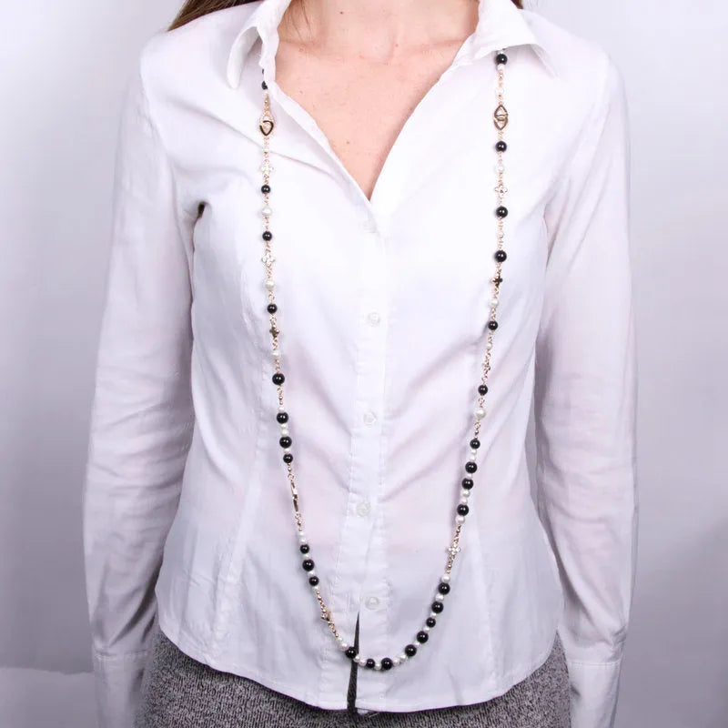 Collana in Metallo con perle bianche ble e croce zirconata