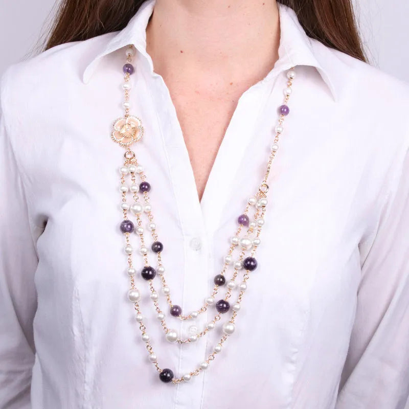 Collana in Metallo multifilo con perle e fiore placcato oro - BYSIMON gioielli