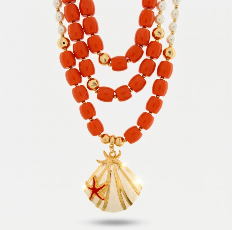 Collana in Metallo conchigla con sfere rosse e bianche BYS - gioiello BySimon