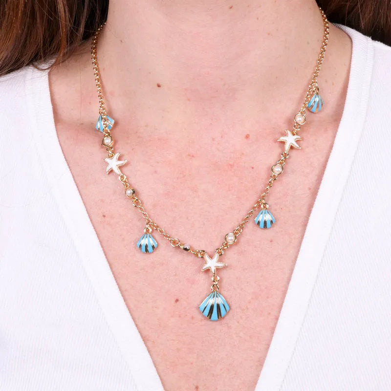 Collana in Metallo con conchiglie turchesi e stelle marine bianche