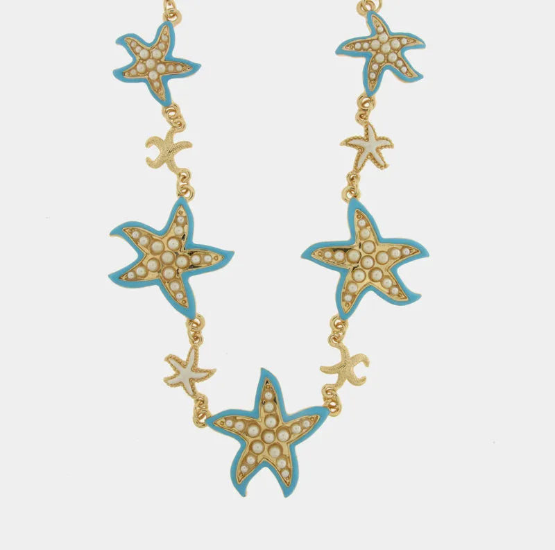 Metal necklace with turquoise and white starfish