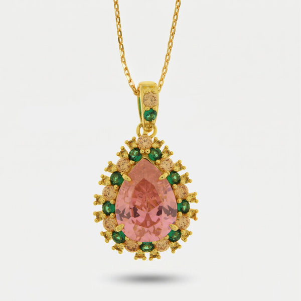 Collana in Metallo goccia rosa con zirconi verdi - BYSIMON gioielli