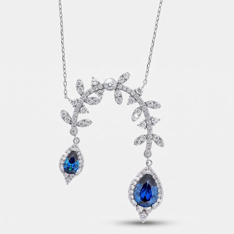 Collana in Metallo goccia blu e foglie zirconate - BYSIMON gioielli
