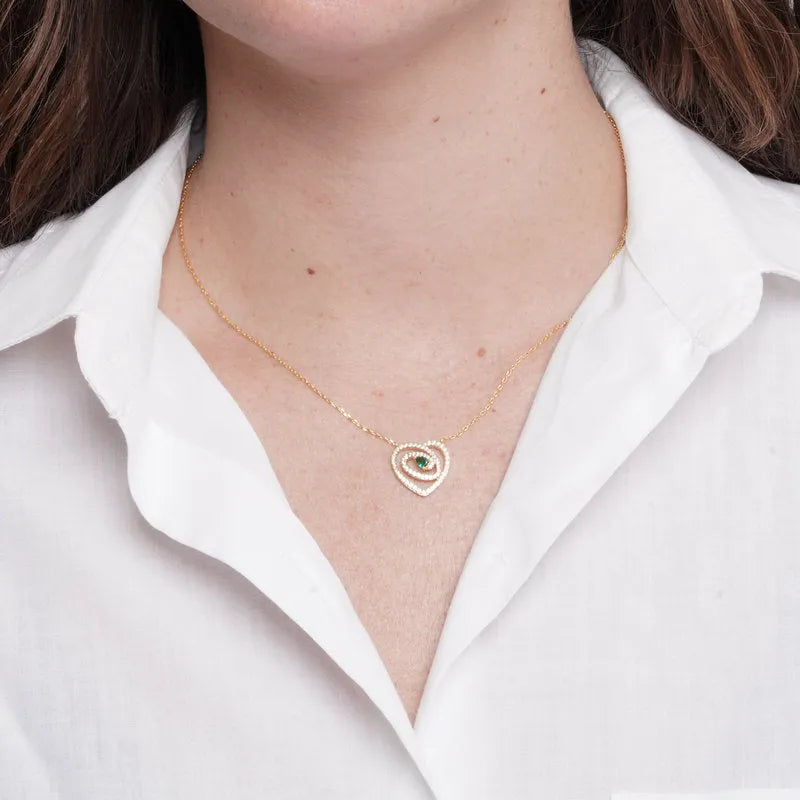 Collana in Metallo cuore intrecciato con punto luce verde