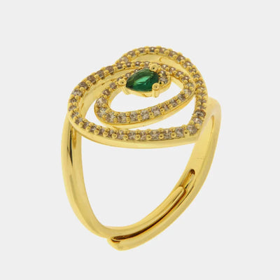 Intertwined Heart Metal Ring with Green Stone
